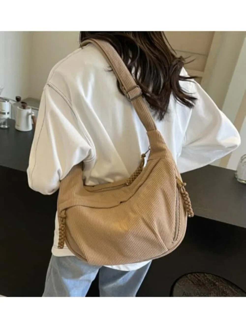 Corduroy Nylon Crescent Shoulder Bag Hobo Crossbody Purse